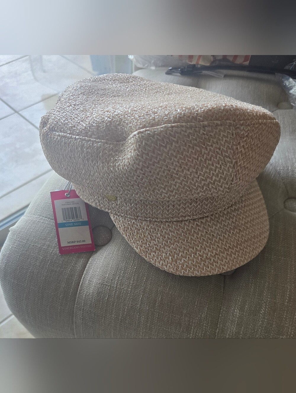 Vince Camuto Tan Natural-Blend Newsboy Peak Cap/Hat. 100% Polyester Lining. NWT